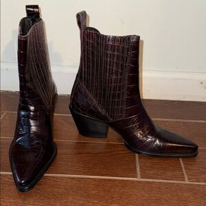 Zara Dark Burgundy Croc-Embossed Leather Ankle Boots